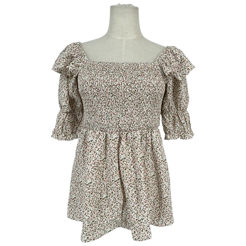 Heyson Womens Floral Smocked Square Neck‎ Puff Sleeve Top L Cottagecore Boho